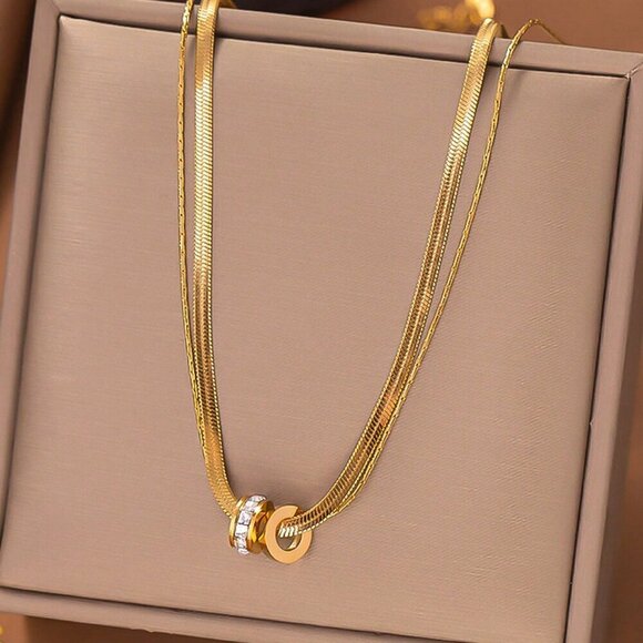 Silver Casual Women's Stainless Steel Round Cz Inlaid Double Layer Necklace - Picture 7 of 14